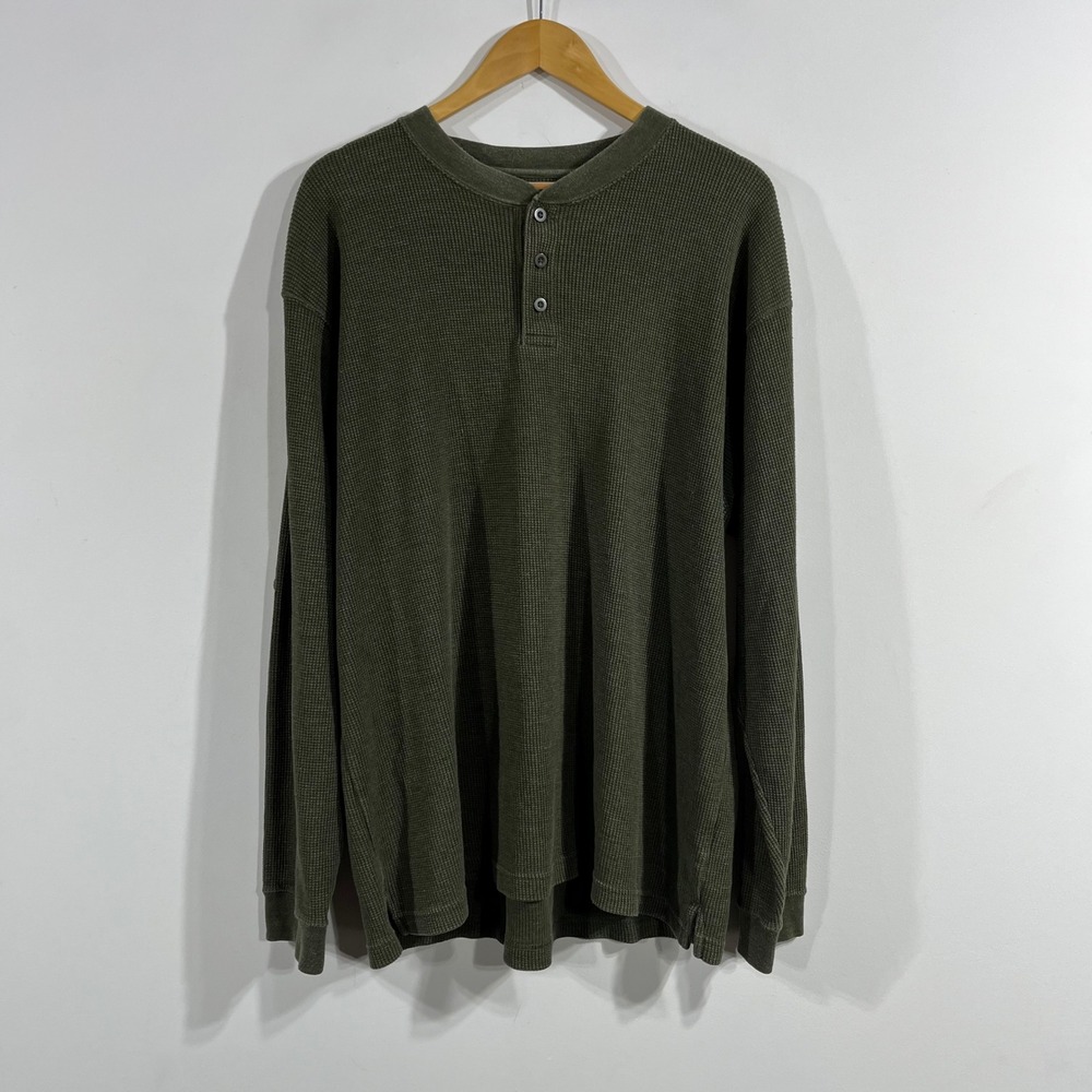 Faded Glory Y2K Mens XL Thermal Waffle Knit Henley Shirt Olive Green Long Sleeve